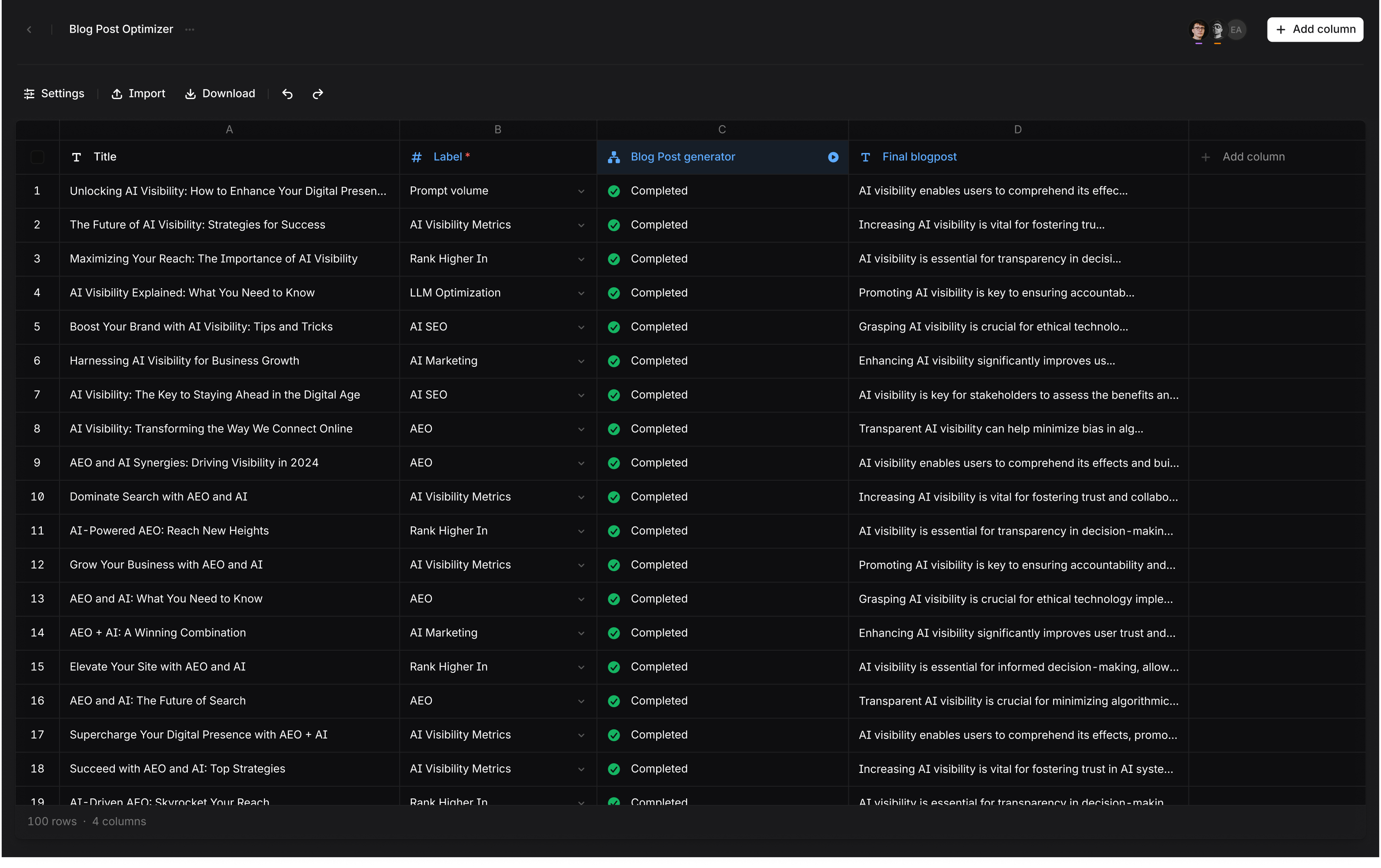 Agents Sheets interface showing a Blog Post Optimizer workflow