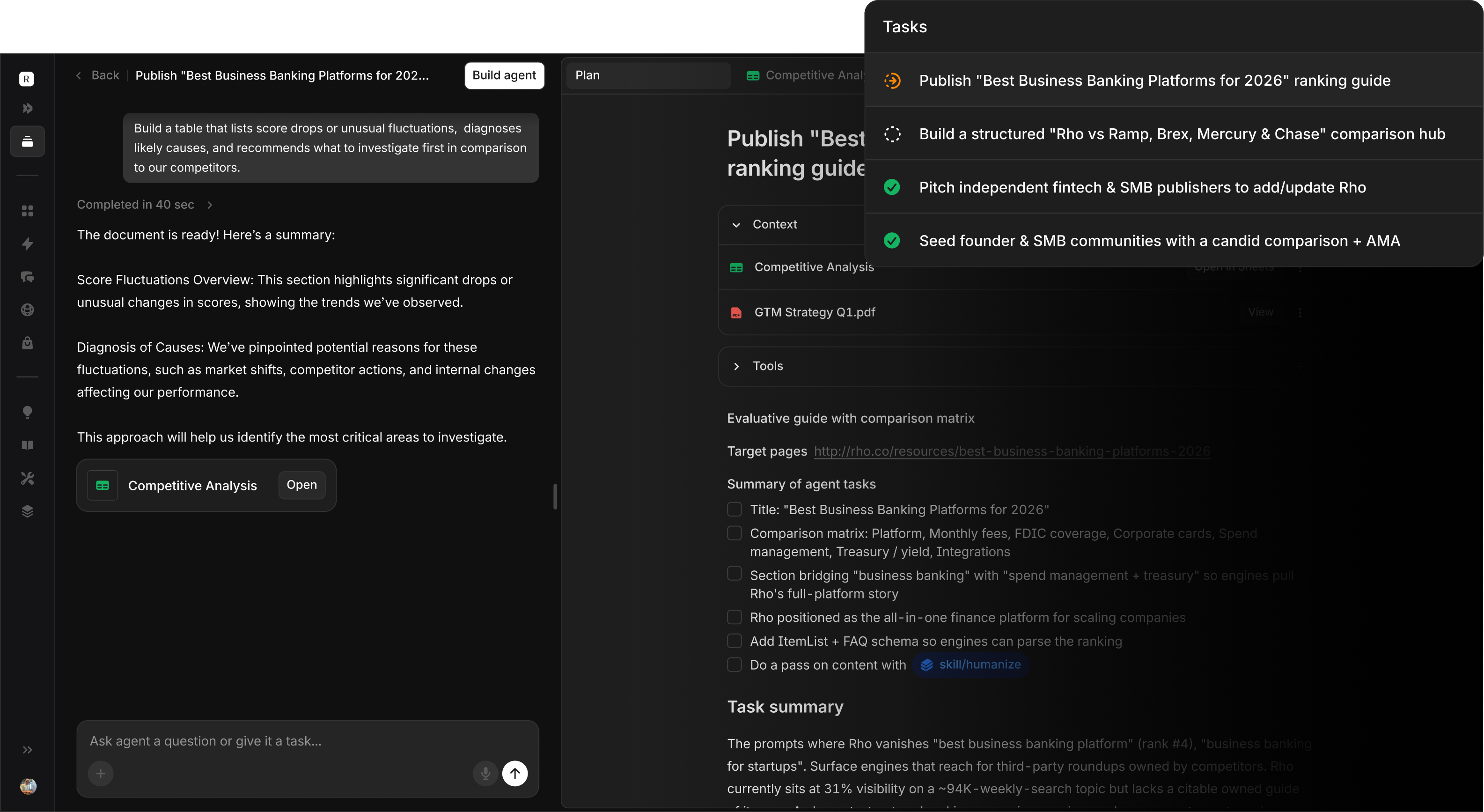 Aim execution brief with a task list and a data-backed plan