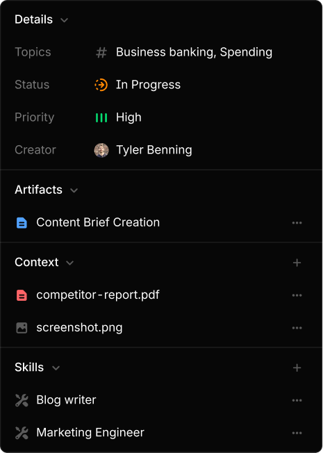 Project details: topics, status, priority, artifacts, context, and skills