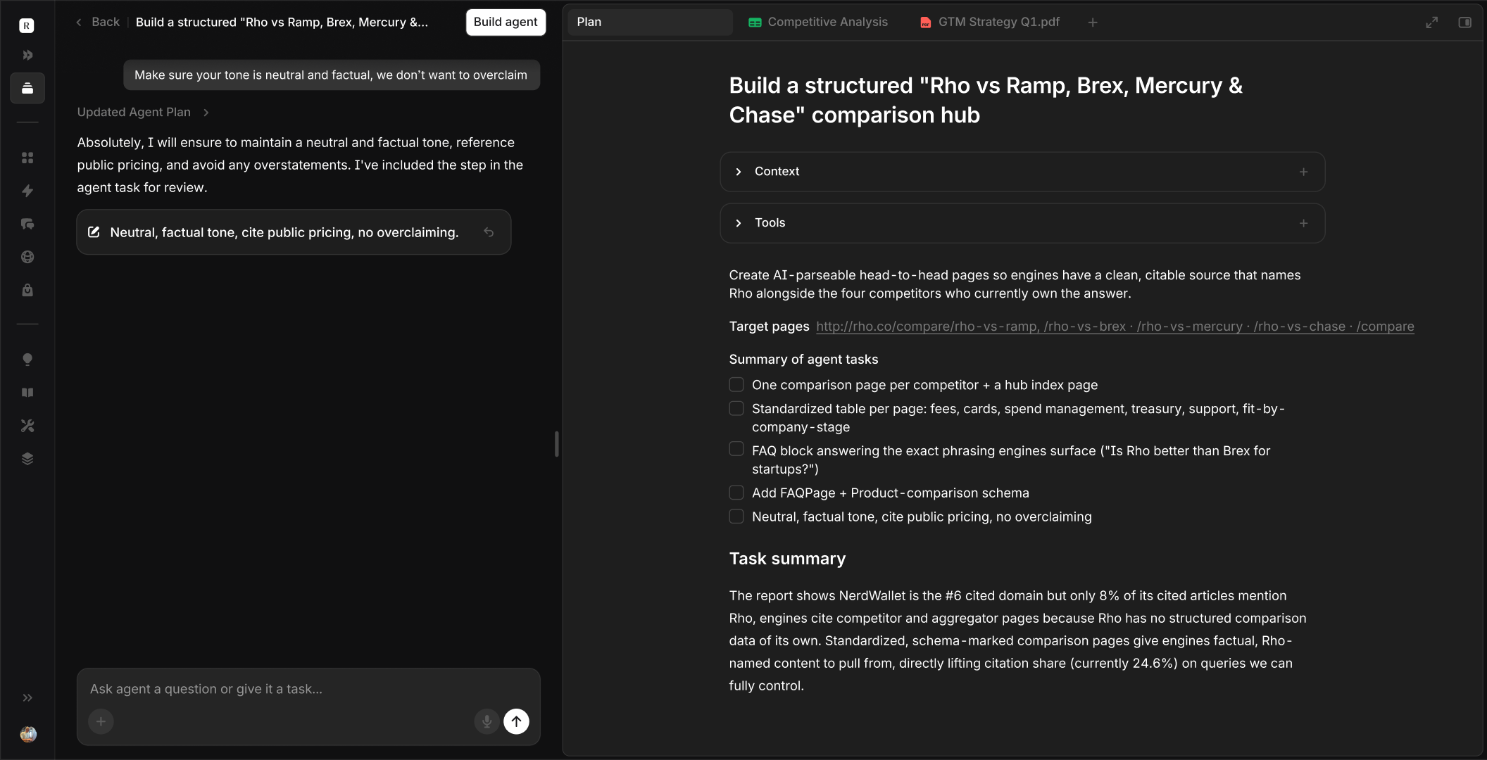 Aim agent building a structured competitor comparison hub