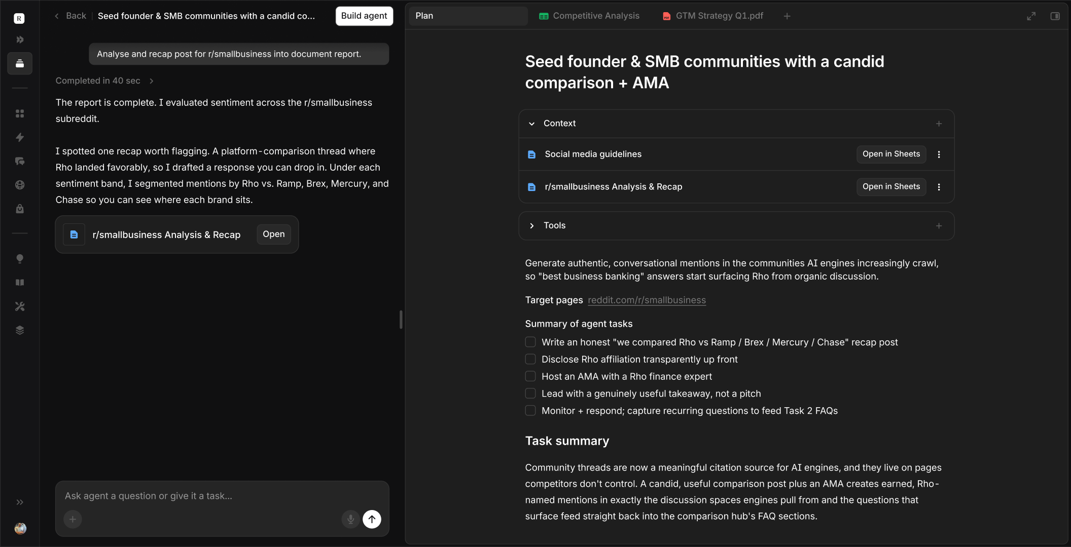 Aim agent seeding founder and SMB communities with a candid comparison
